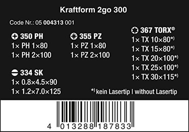 Nutritional values and ingredients Wera Kraftform 2go 300 (Phillipps cross recess (PH), Torx (TX), Pozidriv cross recess (PZ), Slotted screws)