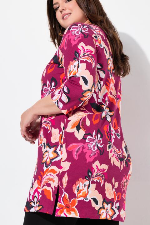 Actual product image Ulla Popken Floral 3/4 Sleeve Notch Neck Knit Tunic (62)