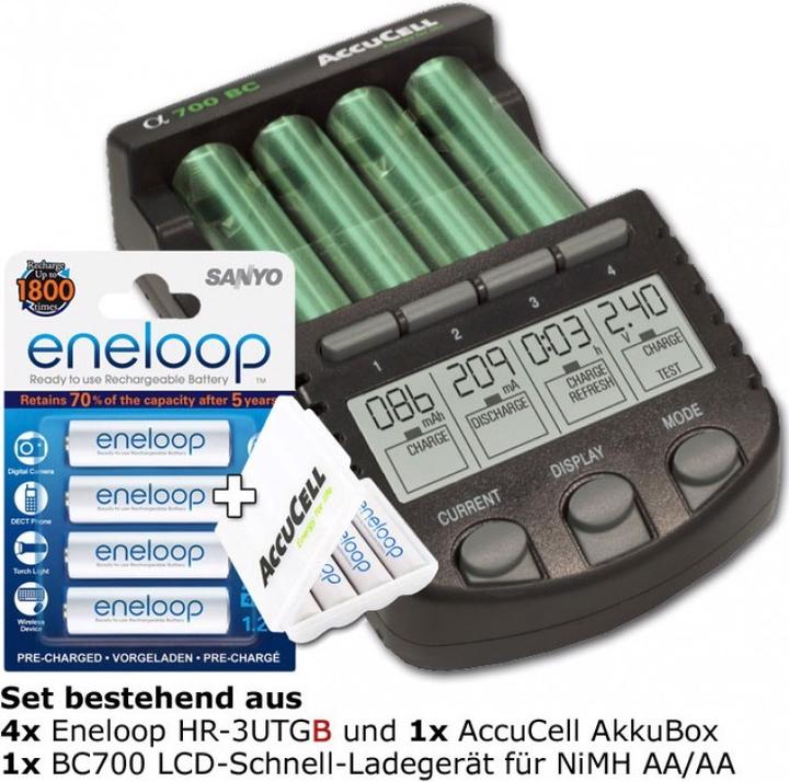 Immagine prodotto XCell Technoline BC 700 caricabatterie nero con 4x eneloop HR-3UTG e AccuCell AkkuBox (4 pz., AA, Batteria + Caricabatterie)