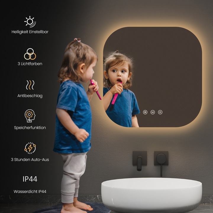 Actual product image Emke Bathroom Mirror With Lighting 50*50cm,Fog-Free, 3 Colour Temperatures (3000K-6500K)&Dimmable