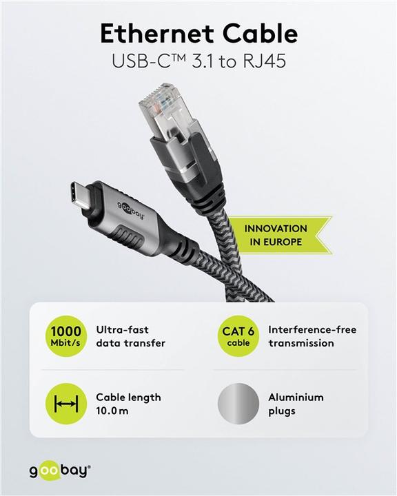 Produktbild Goobay Ethernet-Kabel USB-C auf RJ45, 10 m (USB 3.1, RJ45 Gigabit Ethernet (1x))