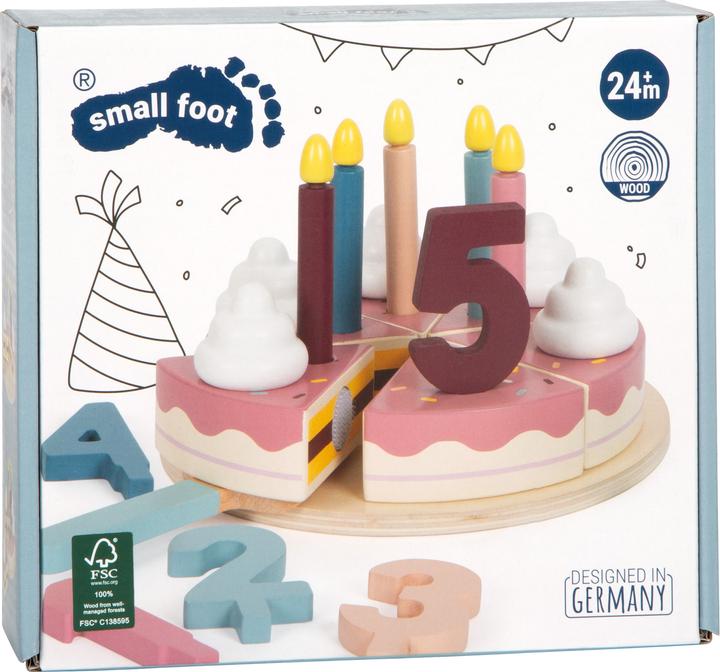 Actual product image small foot Slicable wooden birthday cake, 18 pieces.