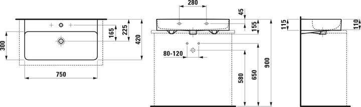 Actual product image Laufen VAL countertop washbasin, 1 tap hole, with overflow, US closed 750x420mm, H816285 (420 mm, 750 mm)