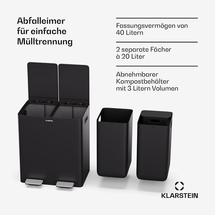 Image du produit Klarstein EcoVista Mülltrennsystem mit 2 Fächern & 3L Komposteimer (40 l)