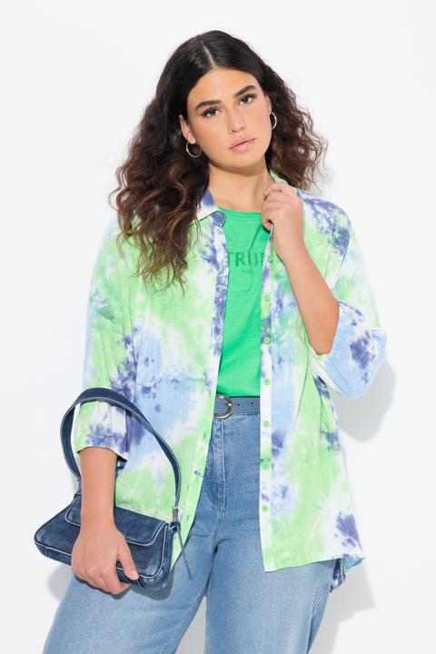 Image du produit Ulla Popken Chemisier en lin mélangé à imprimé Batik, col de chemise et manches 3/4 (54)