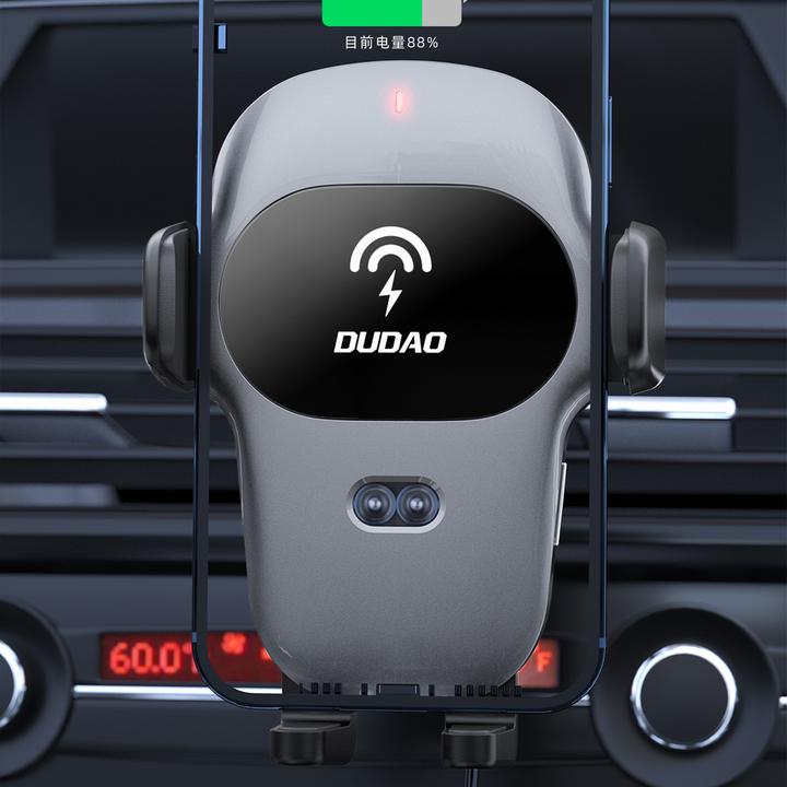 Actual product image Dudao car holder with built-in Qi wireless charger 15W grey (F20xs)