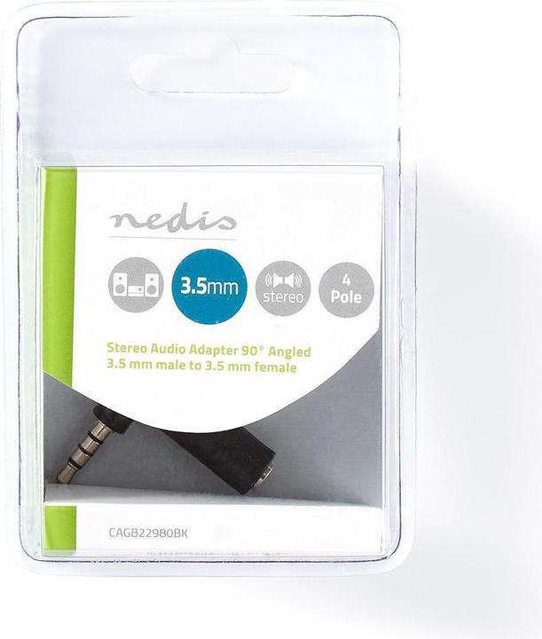 Produktbild Nedis AGB22980BK Stereo-Audio-Adapter mit 3,5-mm-Stecker, 3,5-mm-Stecker, 90-Grad-Winkel, 4-polig, S (Winkeladapter)