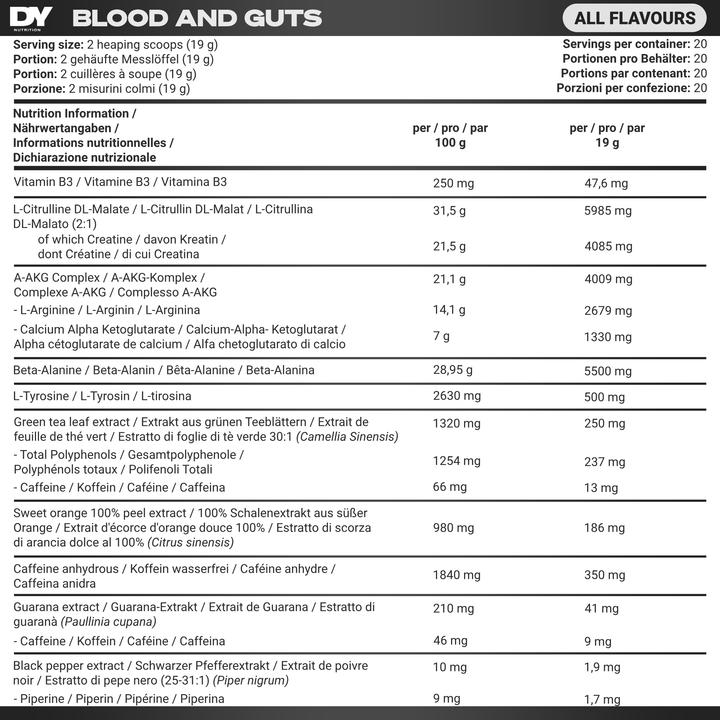 Nährwerte und Zutaten DY Nutrition Blood and Guts (Mojito, 456 g)