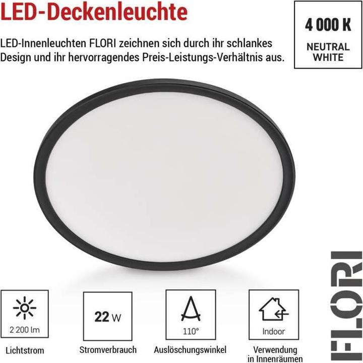 Image du produit Emos Luminaire LED apparent FLORI rond, noir, 22W, blanc neutre (2200 lm)