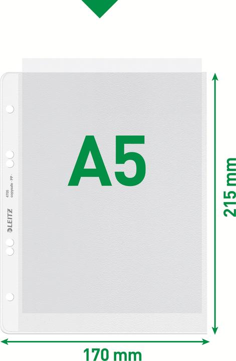 Actual product image Leitz Brochure sleeve extra strong, A5, PP, grained, 0,13 mm open top, document-proof, punching: 80-80- (A5, 100x)