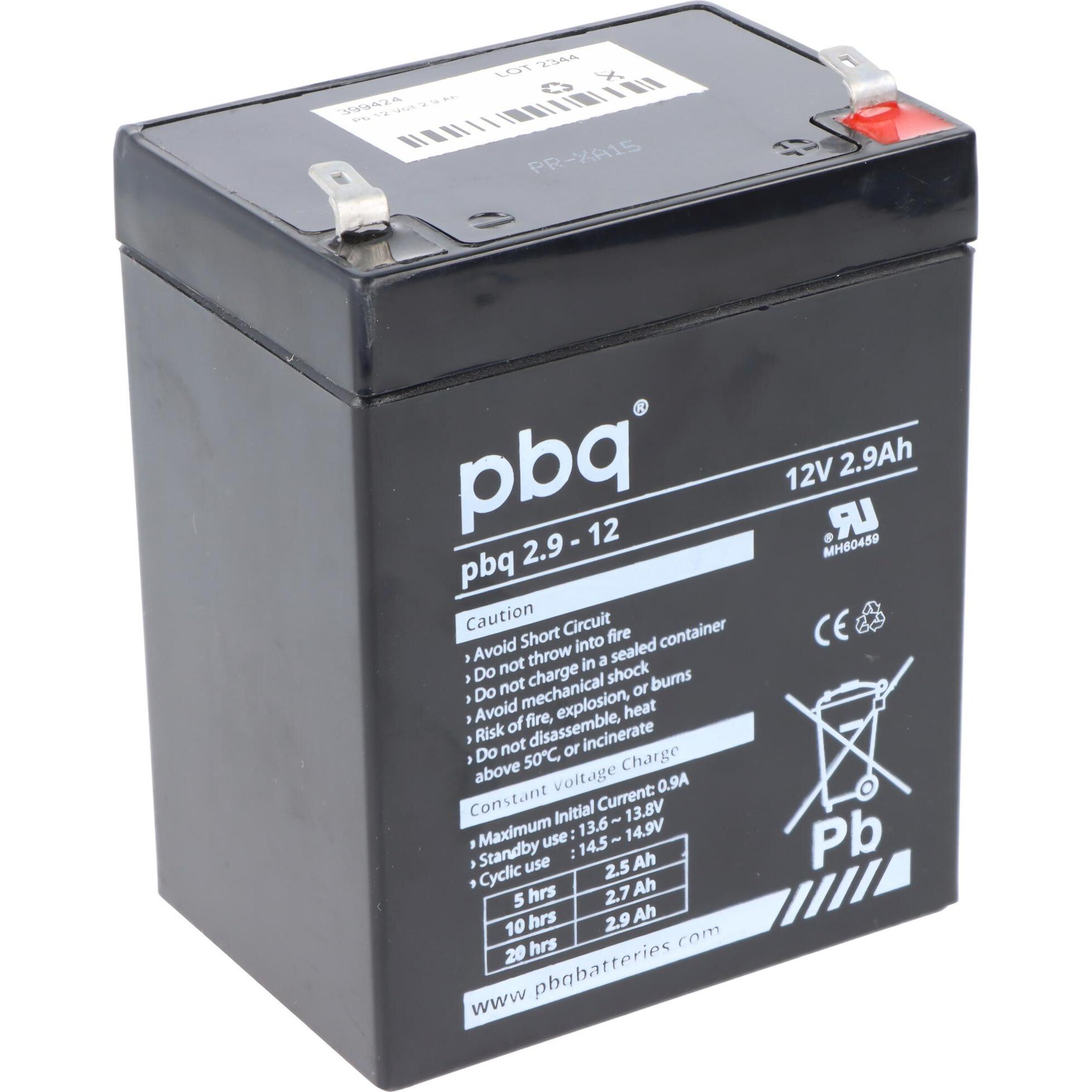 PBQ, Versorgungsbatterie, Blei Akku 2,9-12, 12 Volt 2,9Ah, mit 4,8mm Faston Steckkontakten (12 V, 2.90 Ah)