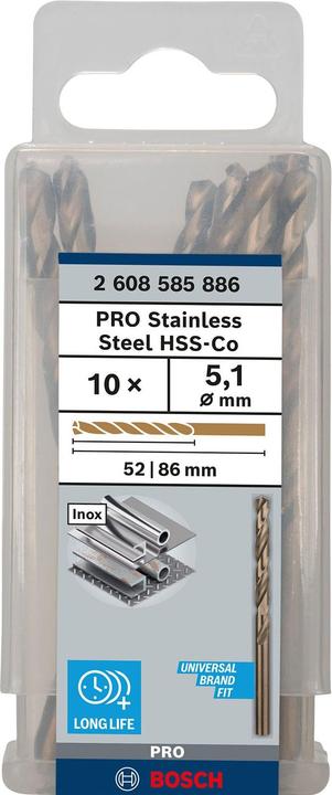 Produktbild Bosch Professional Zubehör PRO Stainless Steel HSS-Co Spiralbohrer, 5.1 x 52 x 86 mm (5.1 mm)