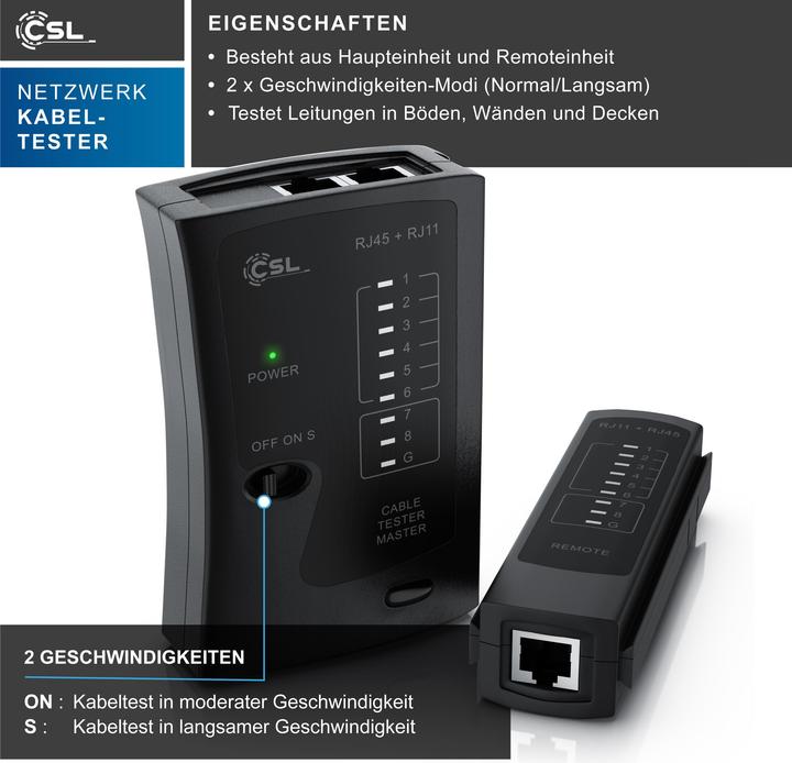Produktbild CSL Kabeltester für RJ45 & RJ11 Kabel, Leitungen in Böden, Wänden, Decken Netzwerk-Adapter Ethernet