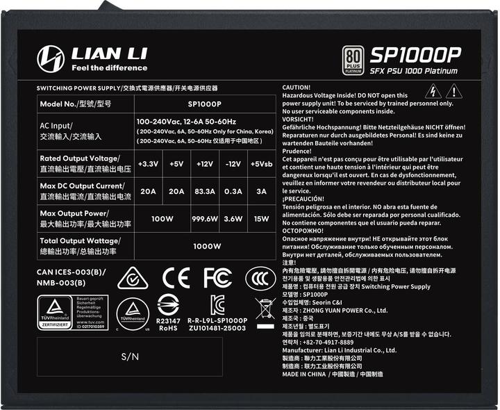 Produktbild Lian-Li SP Series Platinum 80 PLUS Platinum Netzteil, SFX, vollmodular, PCIe 5.1, ATX 3.1 - 1.000 Wa (1000 W)