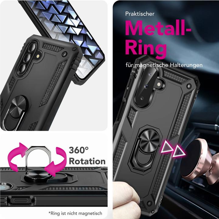 Produktbild Nalia RingDefend - Schwarze Panzerhülle mit 360-Grad Finger-Halter & Ständer - Military Style Cover (Samsung Galaxy A26)
