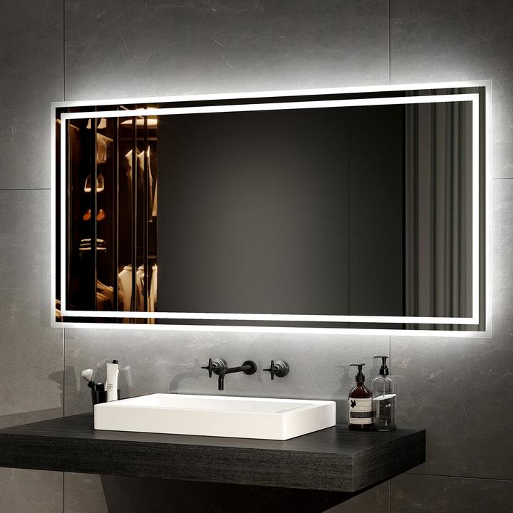Actual product image Emke LED Bathroom Mirror 120x60 cm, Warm-/Cool White, Toggle Switch, Anti-Fog, Aluminum, IP44 (120 x 3.50 cm)