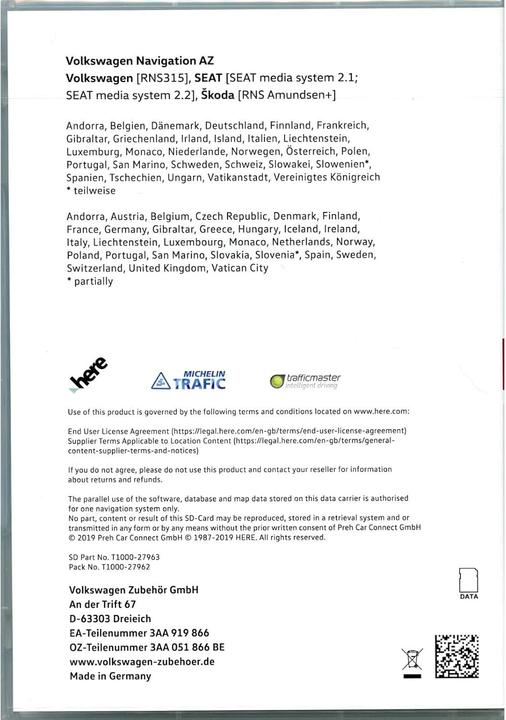 Actual product image Volkswagen Original SD Card Navigation V12 Europe RNS 315 System Software AZ Platform