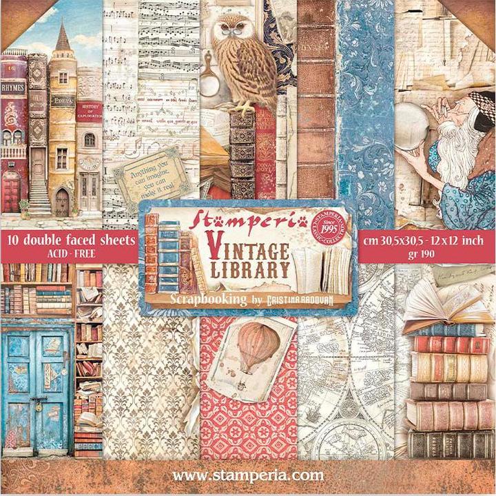 Stamperia Bloc de scrapbooking "Bibliothèque Vintage", 10 feuilles, 30,5 x 30,5 cm (190 g/m², 10 x)