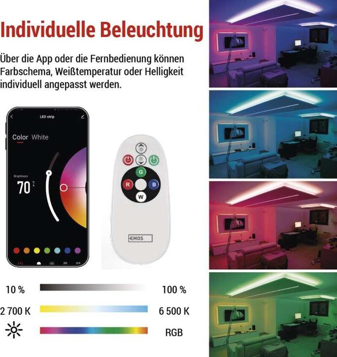 Actual product image Emos GoSmart LED-Streifen WiFi 5 m, 22W, 1400lm, RGB/CCT (Cold White, Warm white, 500 cm, Indoor)