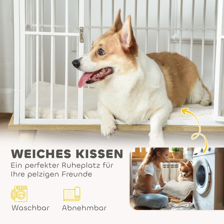 Immagine prodotto PawHut Hundekäfig Stahl, Spanplatte Weiss+Eiche (Cuccia per cani)