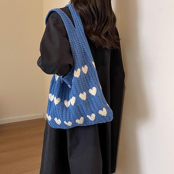 Image du produit Only-Bags.Store Sac hobo minimaliste avec motif d'amour, sac à provisions tricoté, sac de vacances léger
