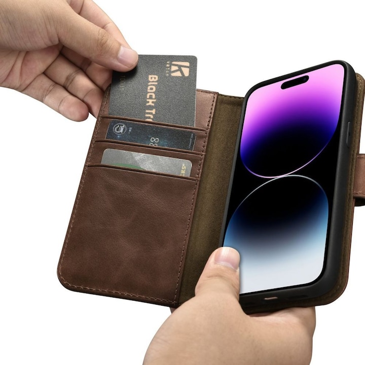 Produktbild iCarer oil Wax Wallet Case 2 in1 Cover iPhone 14 Pro Anti-RFID Leder Flip Case Braun (WMI14220722-BN (Apple iPhone 14 Pro)