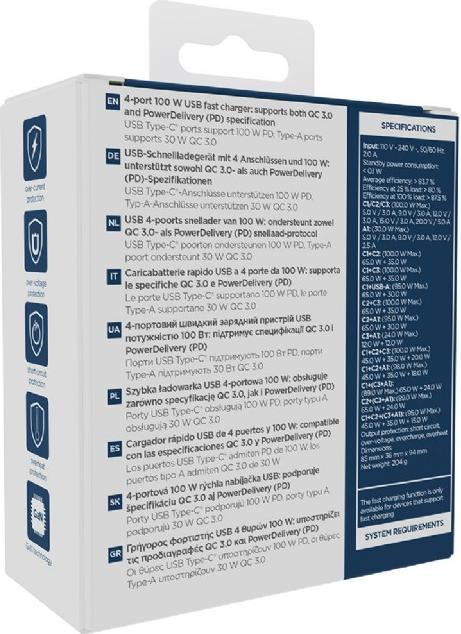 Actual product image Gembird CHARGER USB 100W 4PORT GAN/TA-UC-PDQC100LCD-01-BK (100 W, 4 ports)