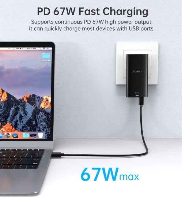 Image du produit Choetech Chargeur rapide USB-C et USB-A GaN (65 W, 2 ports)