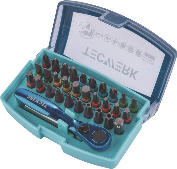 Produktbild Tecwerk Bitsortiment 33 teilig Schlitz/PH/PZD/T/6KT./Bitknarre (Innensechskant, Innensechsrund TX, Kreuz Phillips PH)