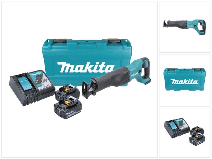1x sega a batteria Makita DJR 186, 2x batteria Makita BL 1850 B 18 V 5.0 Ah, 1x caricabatterie Makita DC 18 RC, 1x valigetta di trasporto Makita, 2x lama Makita