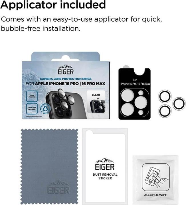 Produktbild Eiger Kameralinsen-Schutzring Mountain Glass Lens Ring clear (1 Stück, Apple iPhone 16 Pro Max, Apple iPhone 16 Pro)