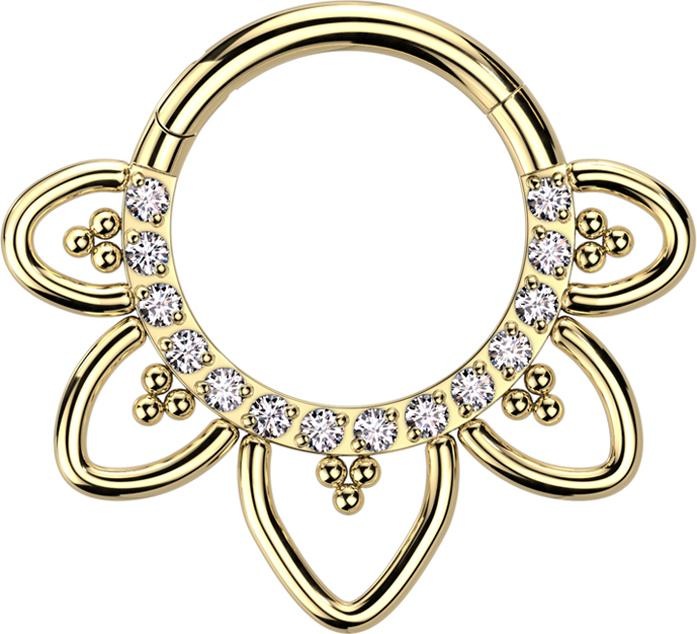 Produktbild Star Piercing Micro Segmentring klappbar vergoldet front Kristalle silber filigrane Herzen (ohne Messing, Titan G23)