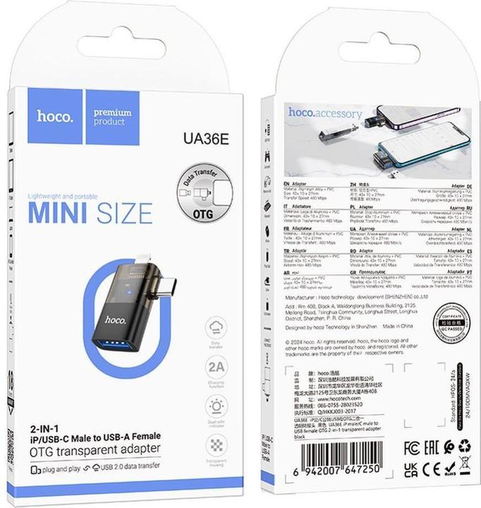 Productafbeelding Hoco Cable adapter OTG 2in1 Lightning (male) / Type C (male) to USB A (female) UA36E black (USB-A, USB-A, Bliksem)