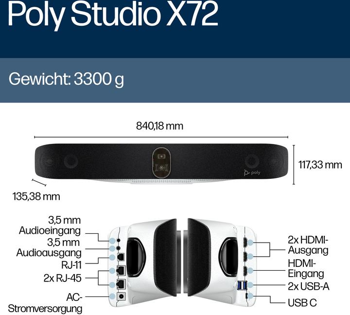 Image du produit Poly Barre vidéo Studio X72 tout-en-un, sans support radio, sans cordon d'alimentation