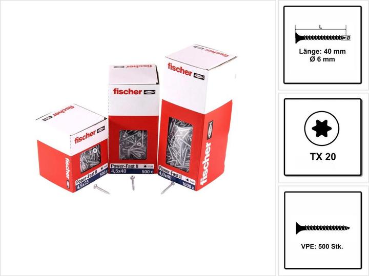 Actual product image Fischer Power-Fast II FPF II Chipboard screw 6,0x40 mm 500 pieces ( 670451 ) countersunk head with Torx Vo (500 Screws per piece)