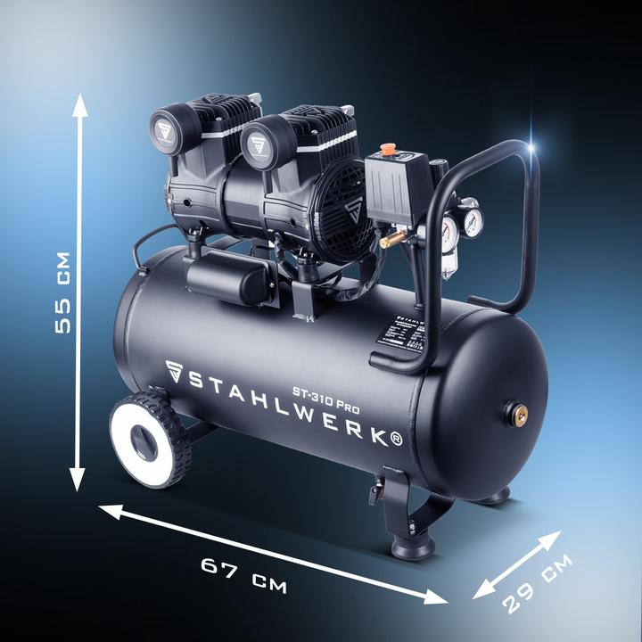 1 x Digitale Druckluft-Reifenfüllpistole DRD-16 ST + 2 x AAA-Batterien, 1 x 3-fach Druckluft-Verteiler, 1 x DS-05 ST Professioneller PU-Druckluftschlauch, 1 x Kompressor ST-310 Pro