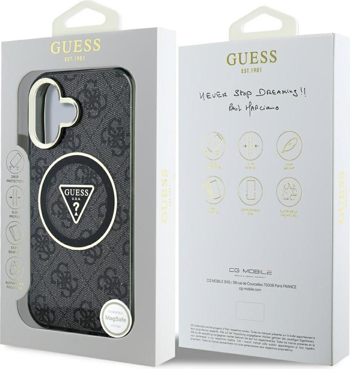 Immagine prodotto Guess Case IML Metal Glitter 4G Circle Triangle MagSafe for iPhone 16 black (Apple iPhone 16)