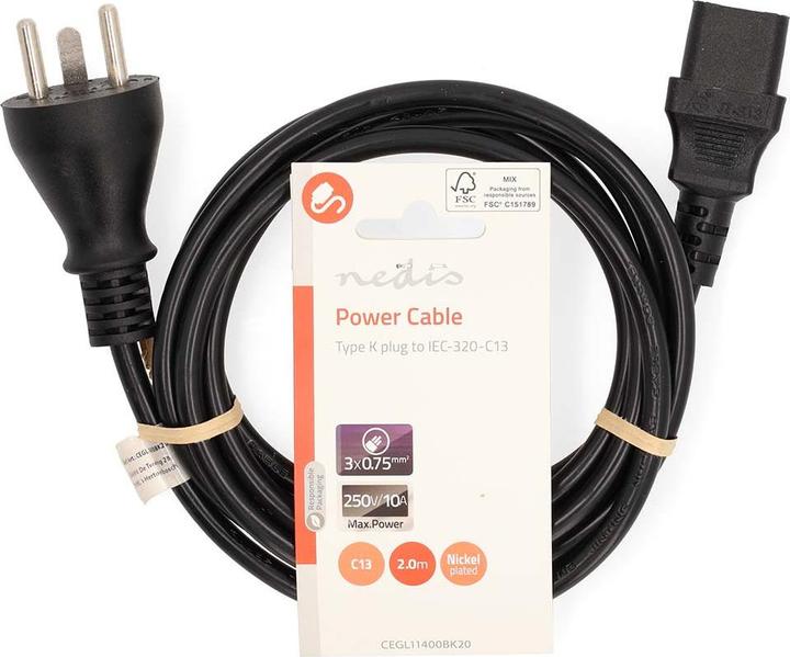 Produktbild Nedis Stromkabel | Dänemark Stecker | IEC-320-C13 | Gerade | Gerade | Vernickelt | 2.00 m | Rund | P (2 m)