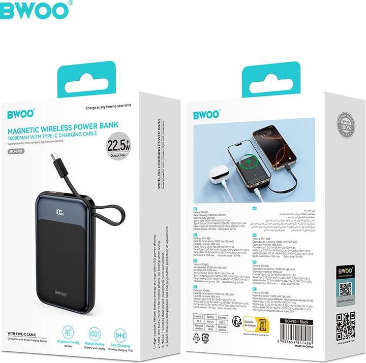Actual product image Bwoo PD 20W 10000 mAh Power Bank With 2 Cables and Battery Display P80 gold (10000 mAh, 20 W)