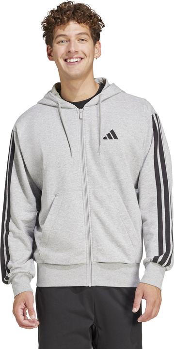 Actual product image adidas Men's Essential Three Stripes French Terry Fullzip Hoodie, Medium Grey Heather/Black, XL (XL)