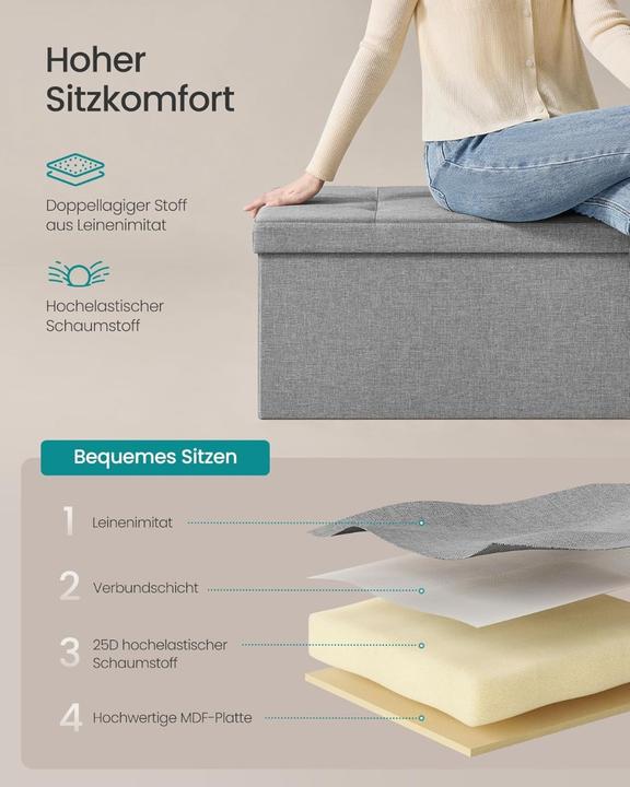 Produktbild Songmics Sitzbank mit Stauraum 110cm Faltbar Leinenimitat Hellgrau (110 cm)
