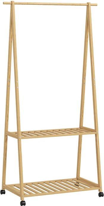 Immagine prodotto Swisshandel24 Kleiderständer, 2 untere Regale, 67 cm lange Kleiderstange, Bambusholz, Rollen