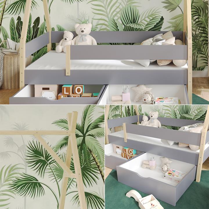 Image du produit VitaliSpa Lit Tipi Bali, Gris, 80x160 cm avec 2 tiroirs et matelas (80 x 160 cm)