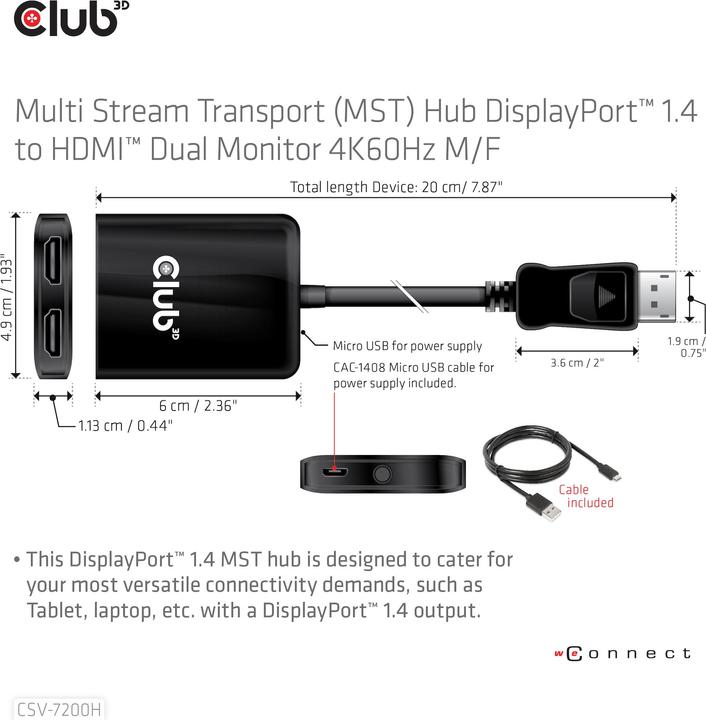Produktbild Club 3D Club3D Multi Streaming Transport Hub 1xDP->2xHDMI (HDMI, 20 cm)