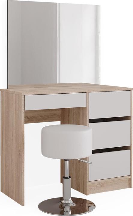 Corps : Blanc, Front : Blanc, Miroir : Blanc, Plateau de table : Sonoma, Tablette : blanc, Tabouret : Blanc