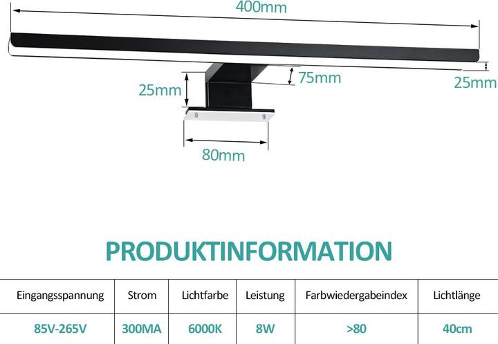 Actual product image Emke Mirror Light, Cool White (6000K), 40cm, Black