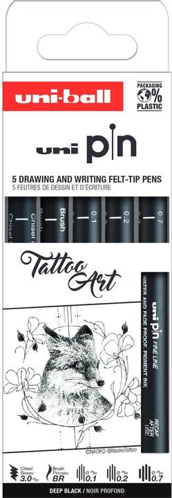 Uni-ball Fineliner PIN ""Tatoo Art"" PF, set di 5 inchiostri pigmentati e resistenti all'acqua, bordi in (Nero, 5 x)