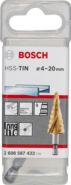 Produktbild Bosch Professional Zubehör Stufenbohrer HSS-TiN, 4 - 20 mm, 1/4-Zoll, 70,5 mm, 9 Stufen (4 - 20)