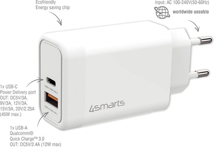 Produktbild 4smarts USB-Wandladegerät VoltPlug PD+QC 45W GaN Weiss (45 W, 2 Ports)