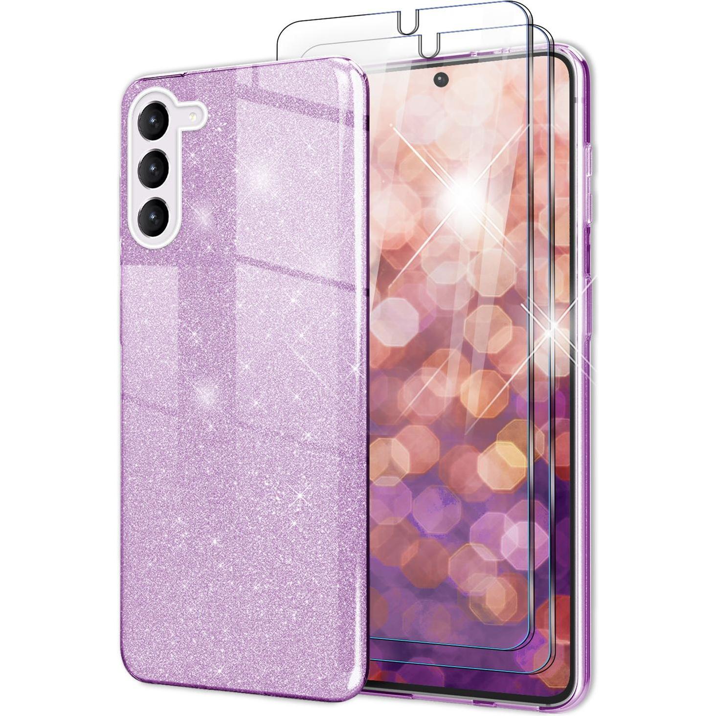 Nalia Glitzer Silikon Hülle mit 2x Displayschutz (Samsung Galaxy S23+), Smartphone Hülle, Violett